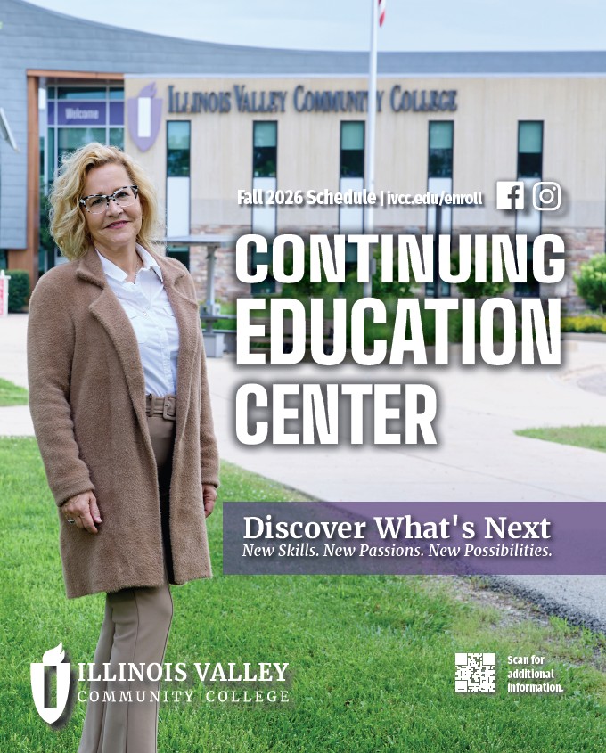 IVCC Fall 2026 Catalog Cover featuring IVCC Continuing Education Instructor Karen Stowe standing in front of the Main Campus Building.