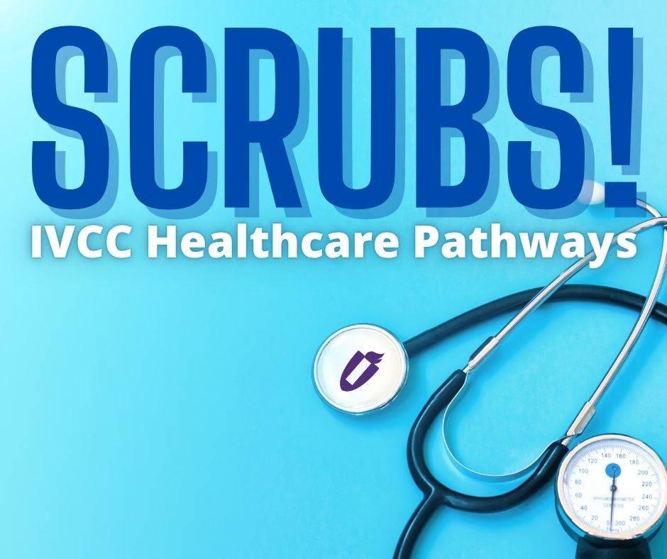 Scrubs Healthcare Pathways Camp with stethoscope and IVCC shield logo
