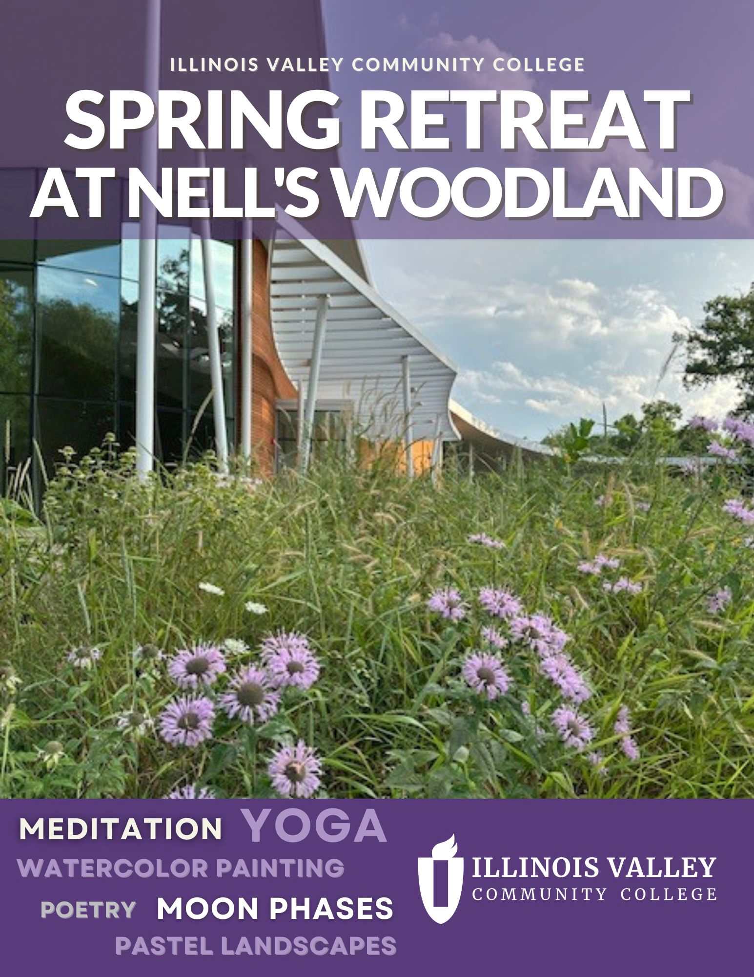 Cover of Spring 2026 Nell's Woodland brochure featuring a photo of the Ecology Building with purple flowers in the foreground.